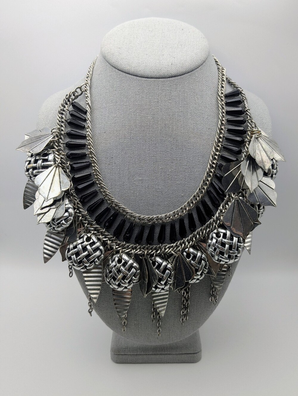 Statement Silver-Tone Leaf & Woven Drop Necklace - Black Accents